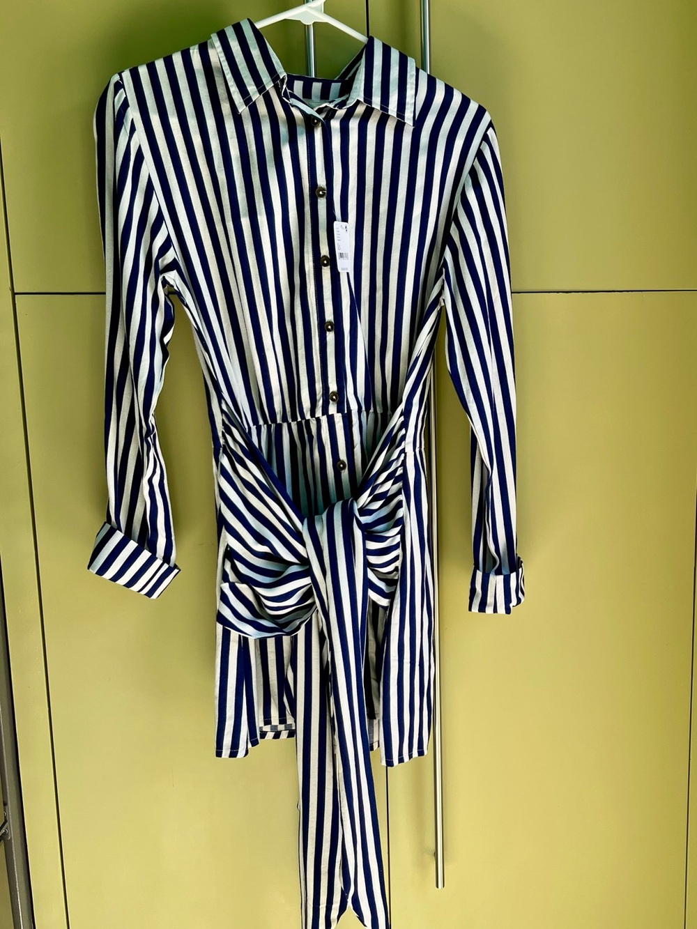 Free People Navy and White Striped Tie-Waist Shirt Dress NWT